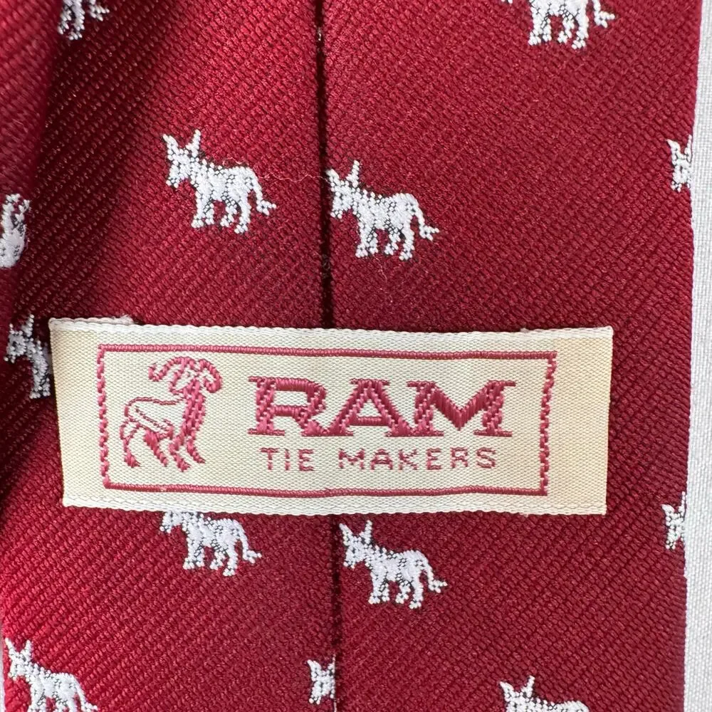 Ram Tie Makers Men’s Necktie Red Donkey Motif Embroidered Novelty Tie Preppy EUC